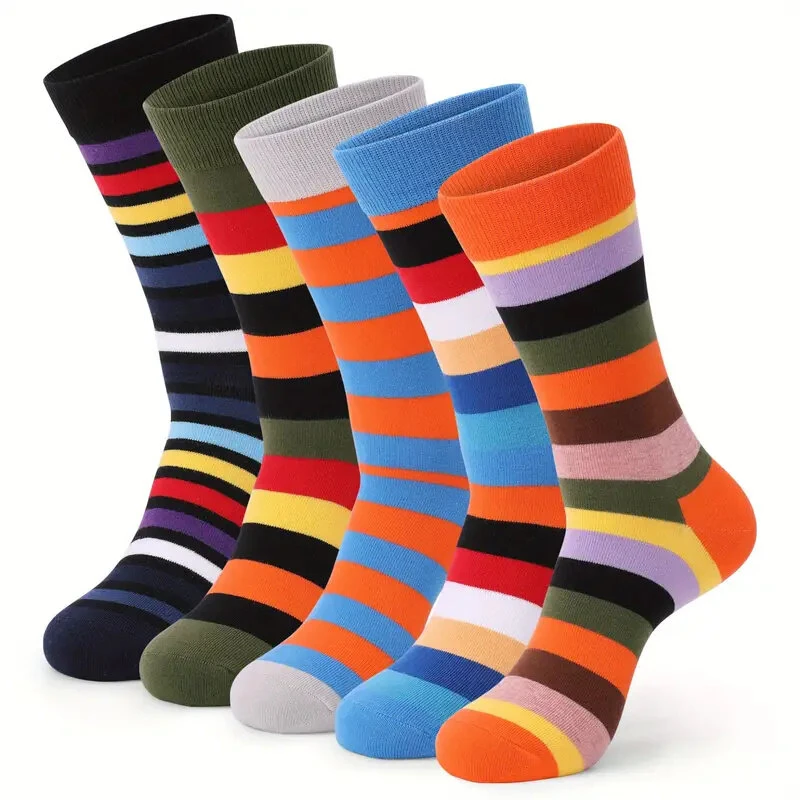 (image for) 5 Pairs Men's Cotton Stripe Socks Funny Crew Bright Color Block Personality Mid Long Tube Skateboard Socks Unisex